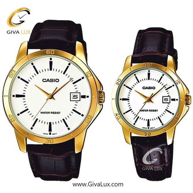 ساعت مچی اورجینال ست کاسیو Casio طلایی | قهوه ای| سفید| کد رفرنس زنانه: LTP-V004GL-7AUDF، مردانه: MTP-V004GL-7AUDF